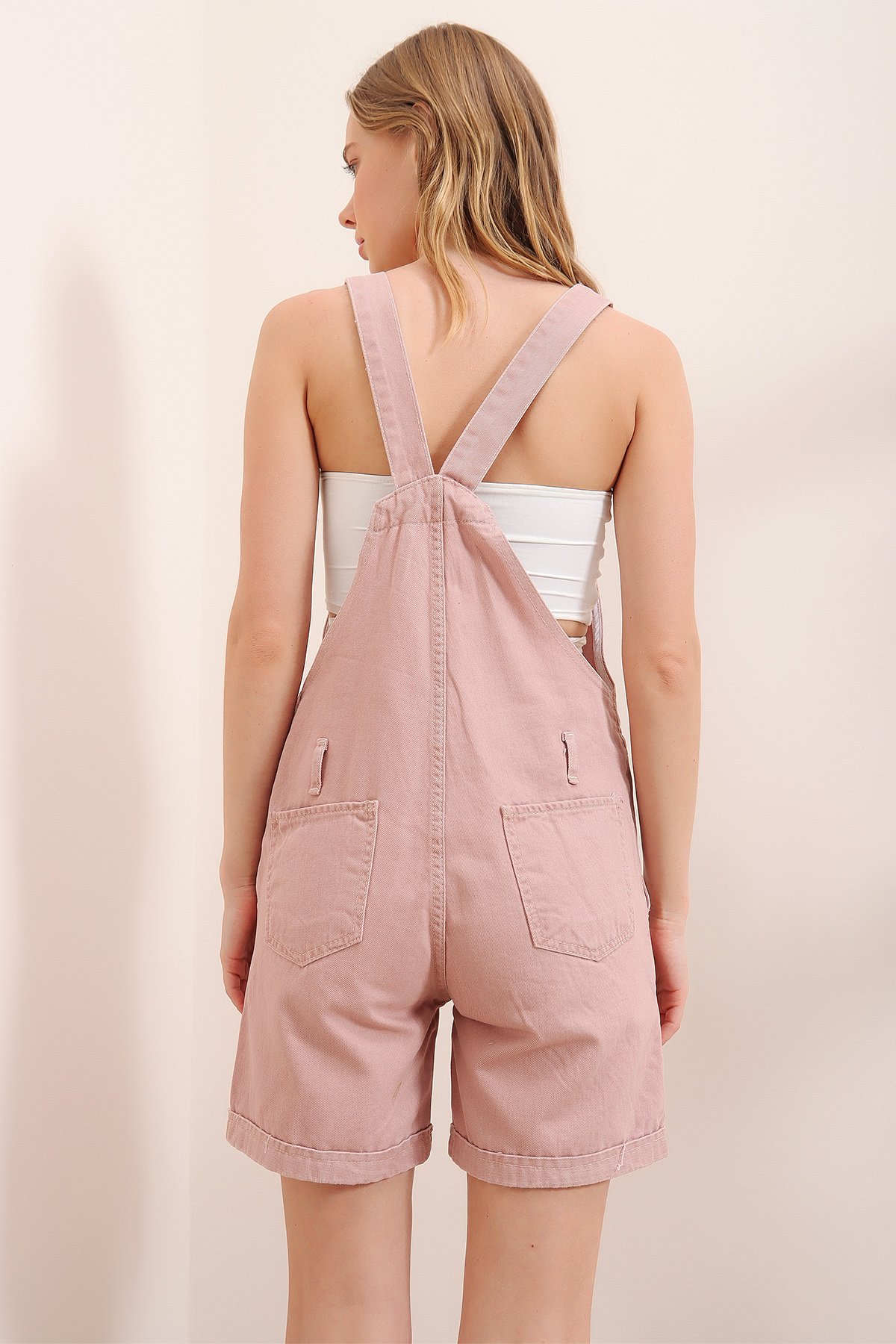 Denim Şort Salopet - Pudra