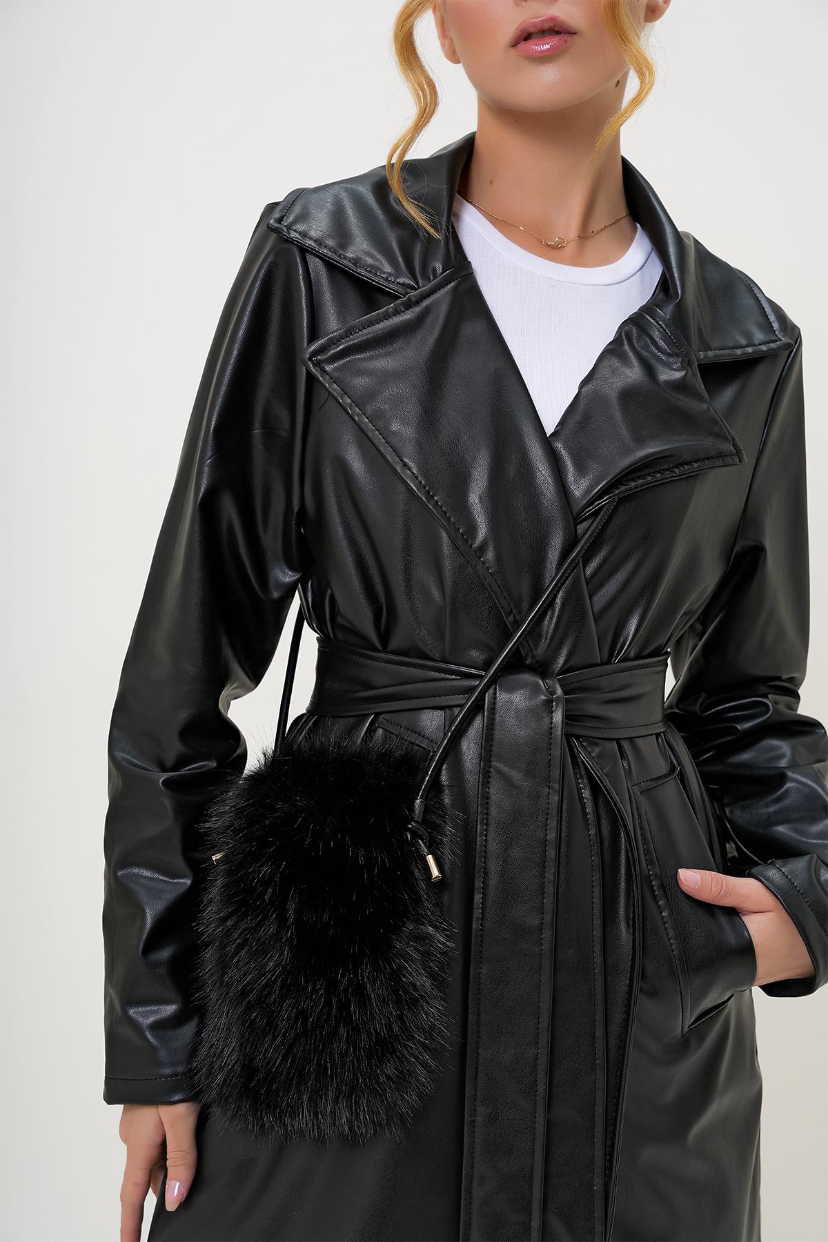 DERİ KORDONLU MIKNATIS KAPAMALI SUNİ KÜRK TELEFON ÇANTASI - SİYAH