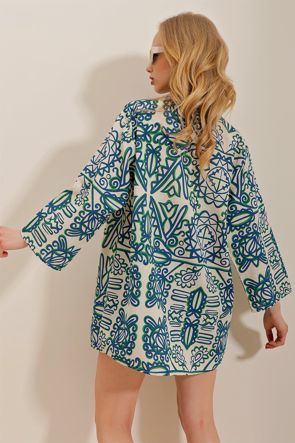 Desenli Keten Kimono Ceket - İndigo