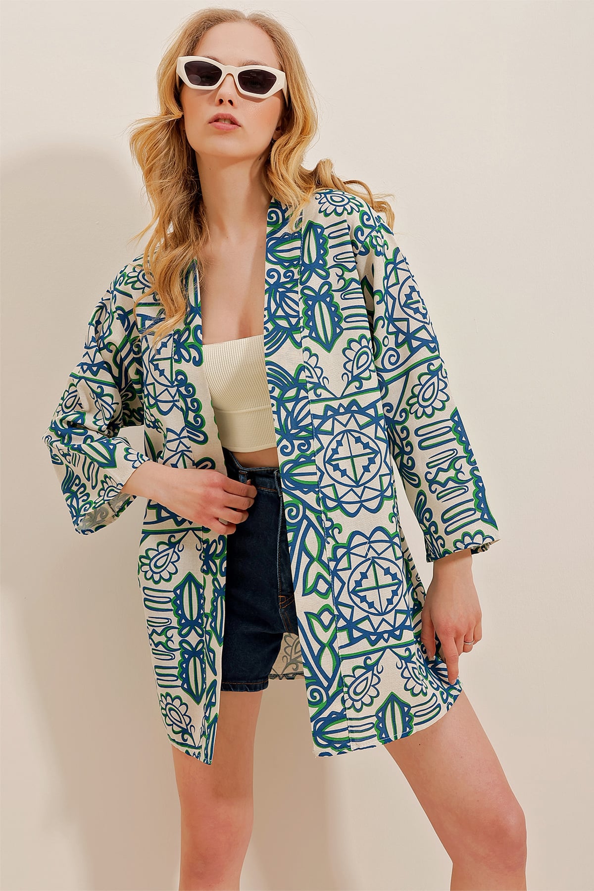 Desenli Keten Kimono Ceket - İndigo