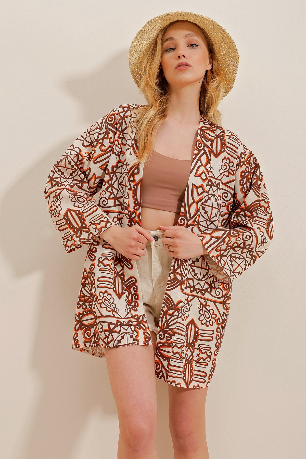 Desenli Keten Kimono Ceket - Kahve