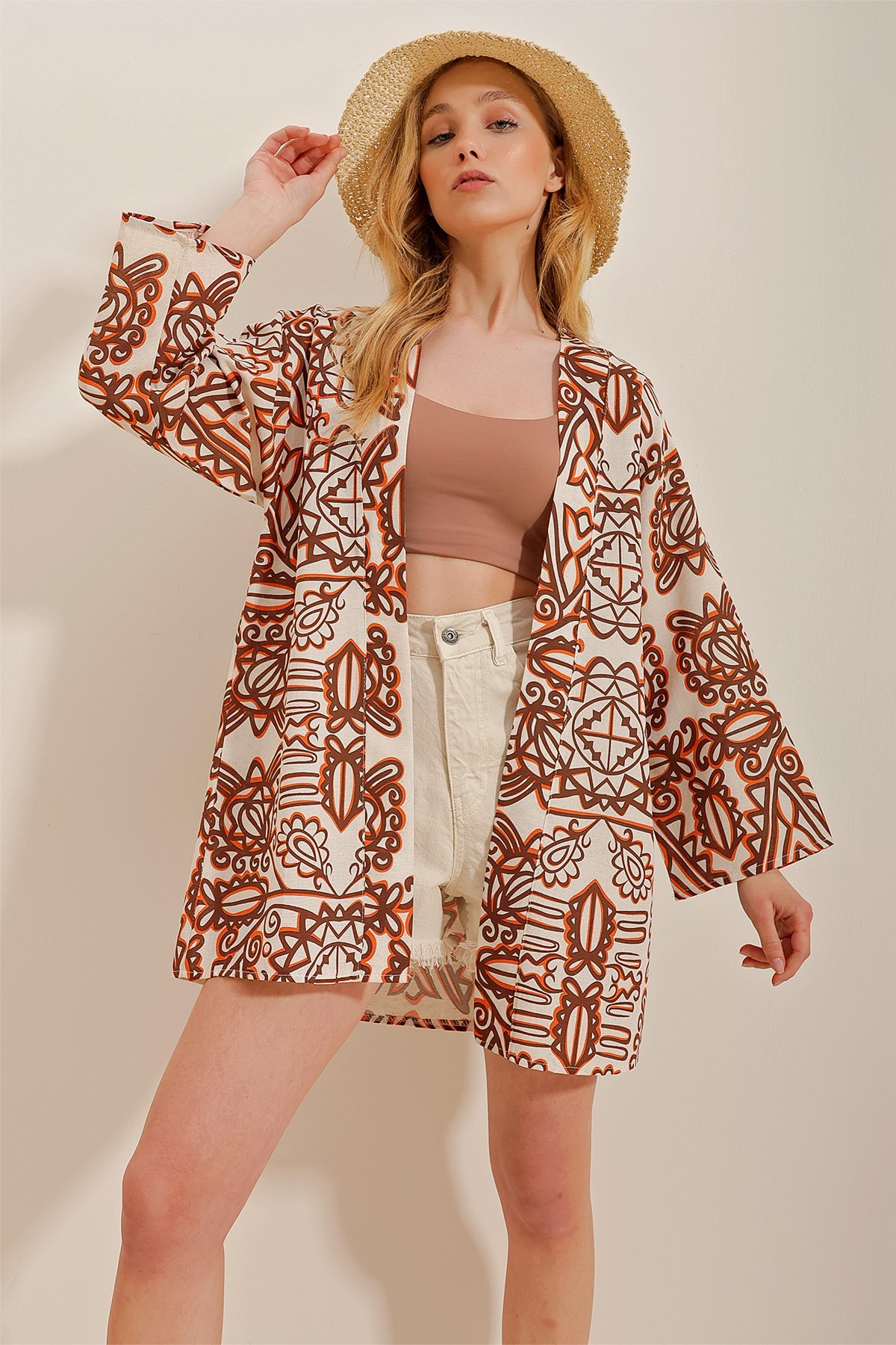 Desenli Keten Kimono Ceket - Kahve