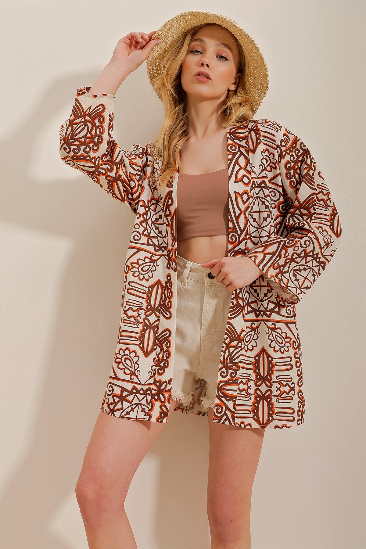 Desenli Keten Kimono Ceket - Kahve