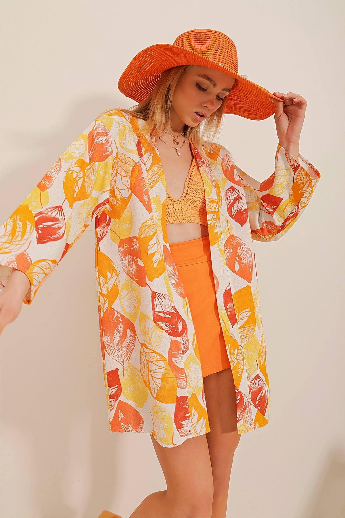 Desenli Keten Kimono Ceket - Turuncu