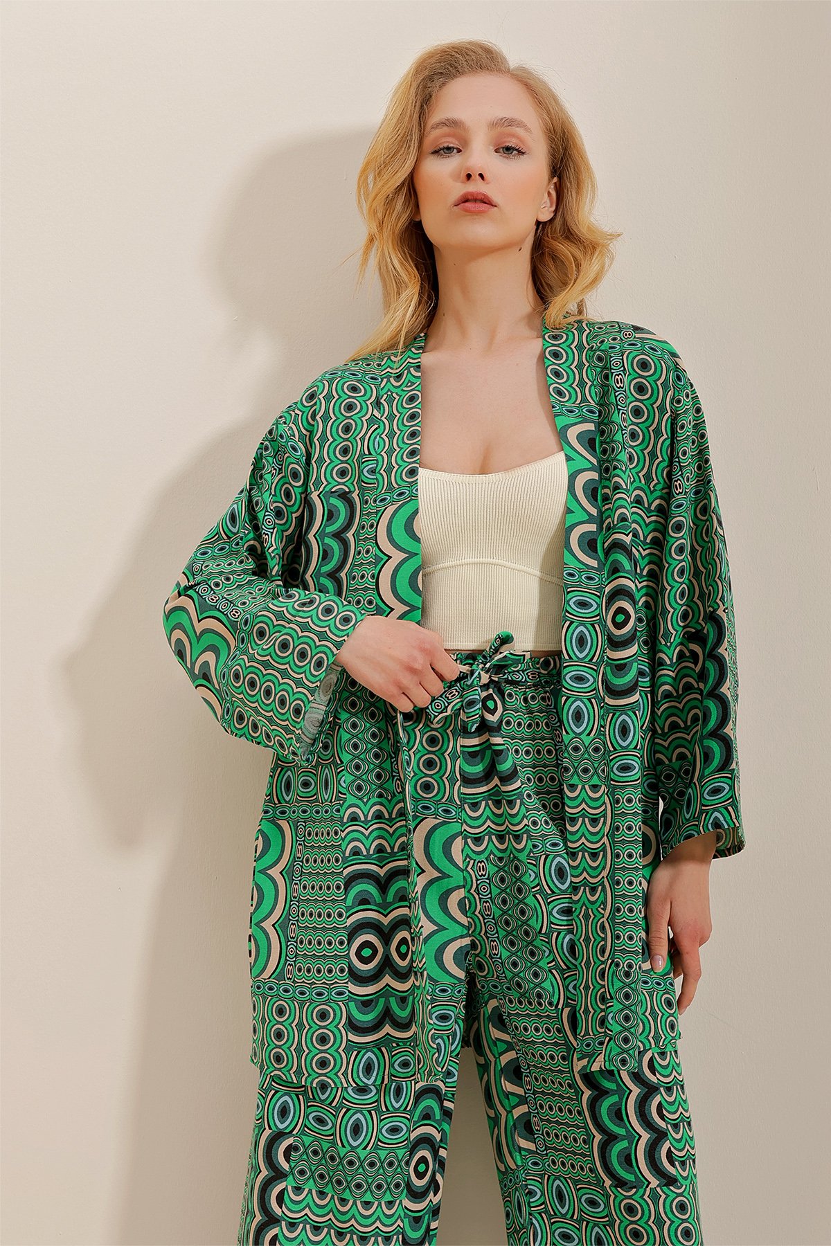 Desenli Keten Kimono Ceket - Yeşil