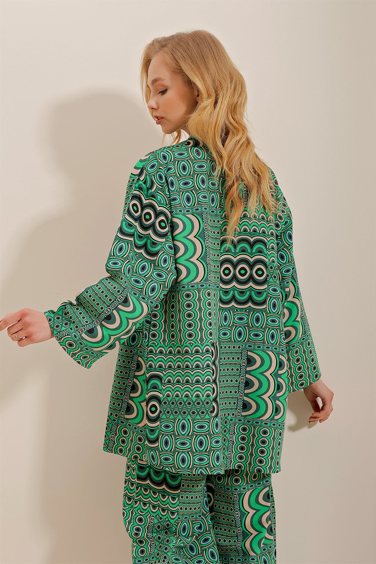 Desenli Keten Kimono Ceket - Yeşil