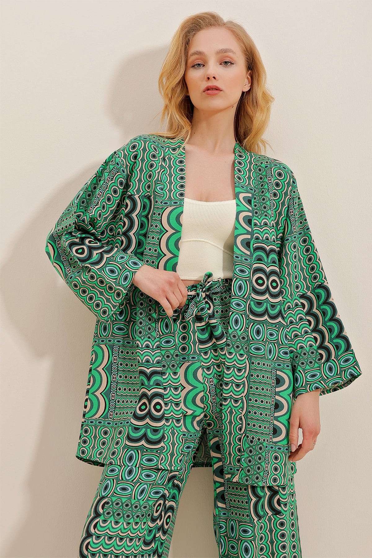 Desenli Keten Kimono Ceket - Yeşil