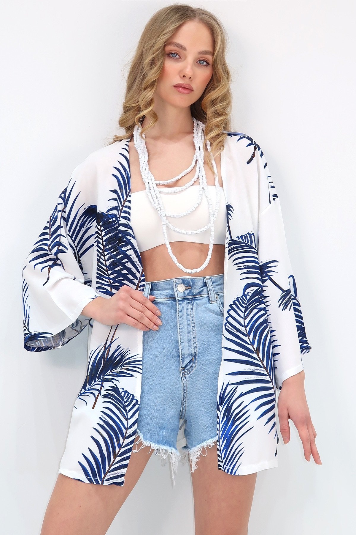 Desenli Kimono Ceket - Mavi