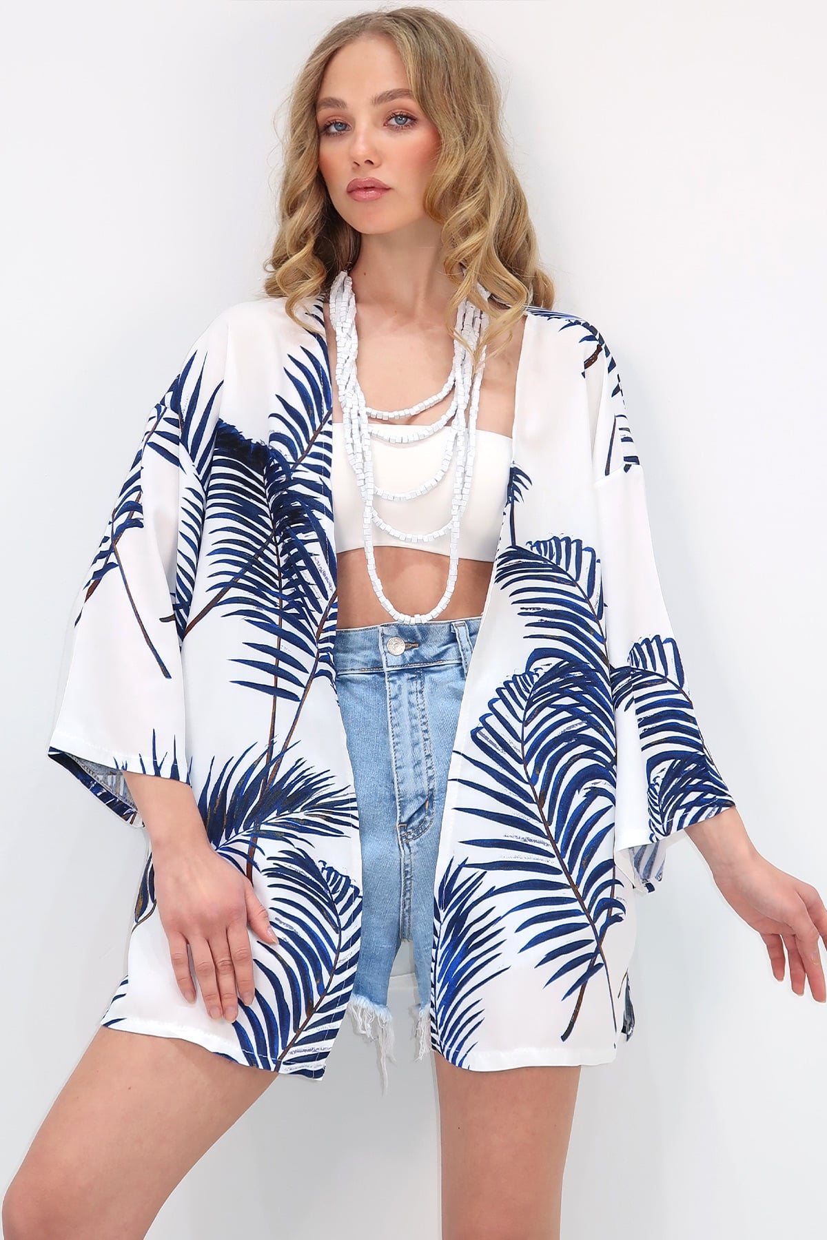 Desenli Kimono Ceket - Mavi