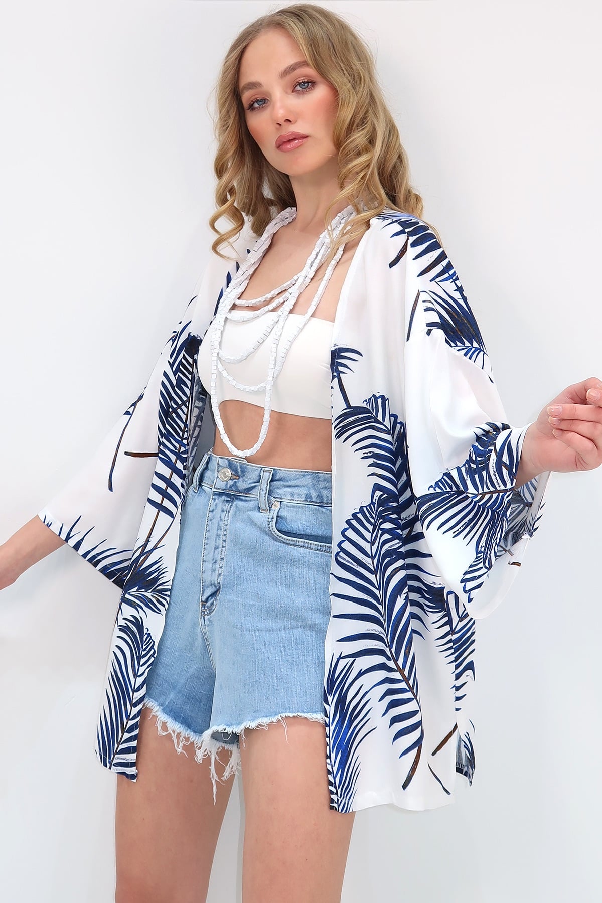 Desenli Kimono Ceket - Mavi