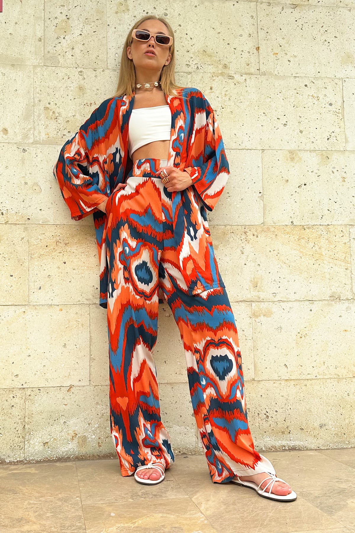 Desenli Kimono Ceket Ve Dokuma Palazzo Viskon Takım - Kiremit