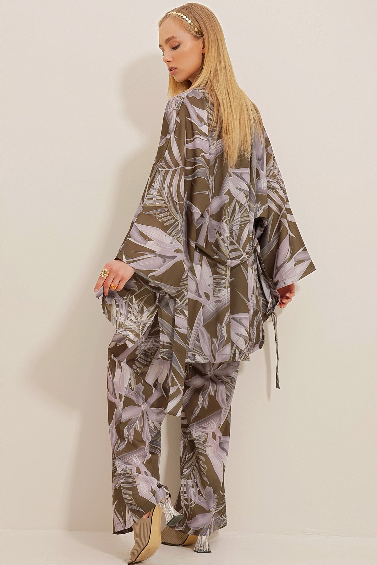 Desenli Kimono Ceket Ve Palazzo Dokuma Pantolon Takım - Haki
