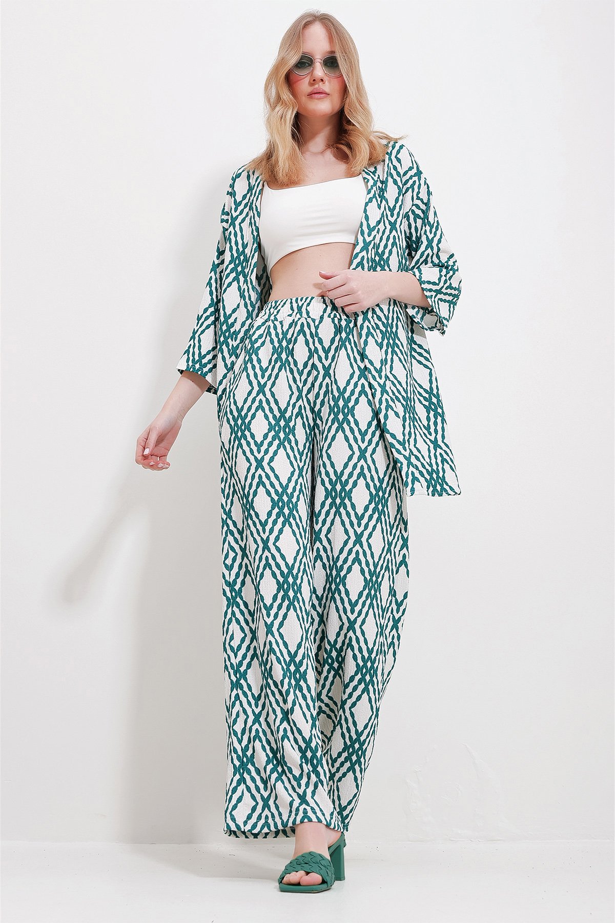 Desenli Kimono Ceket Ve Palazzo Pantolon Takım - Yeşil