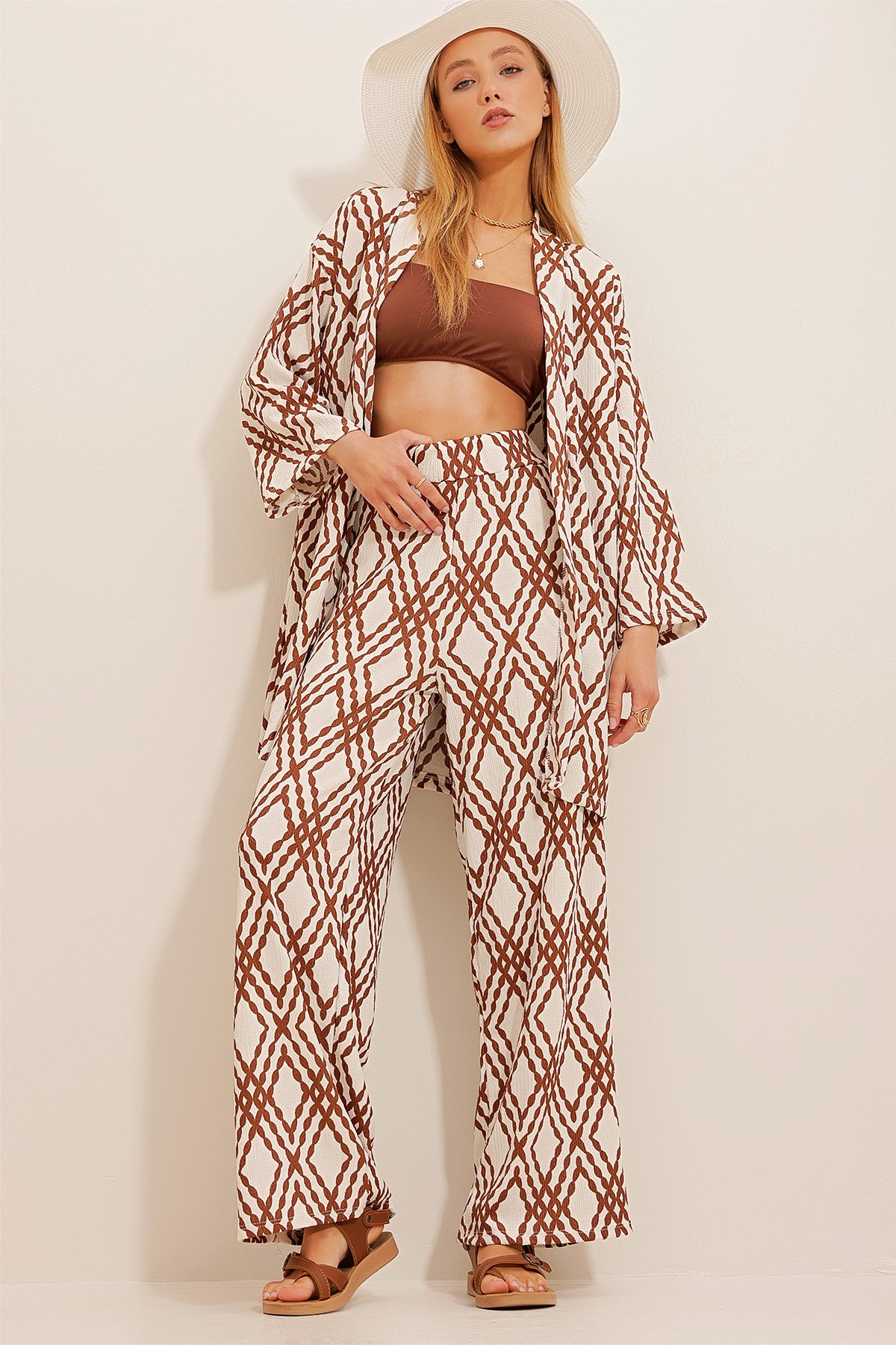 Desenli Kimono Ceket Ve Palazzo Pantolon Takım - Kahve
