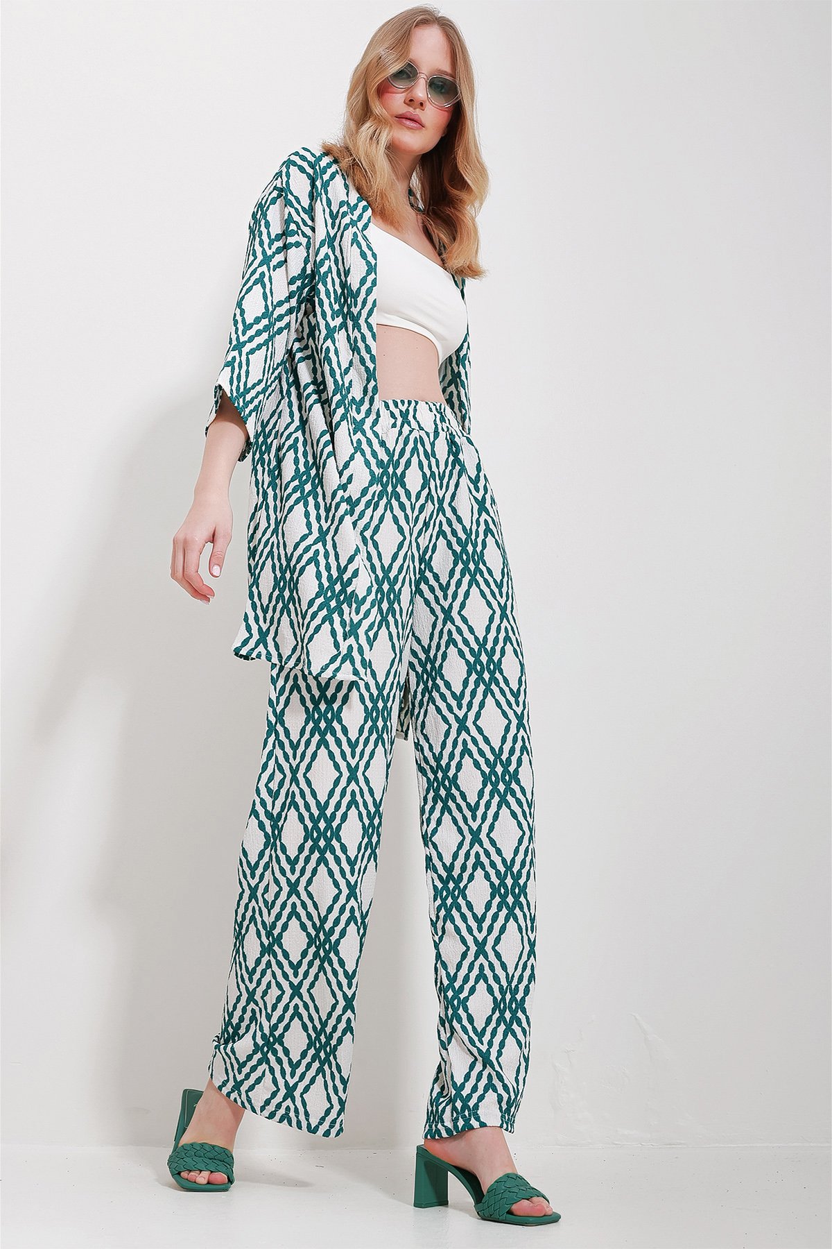 Desenli Kimono Ceket Ve Palazzo Pantolon Takım - Yeşil