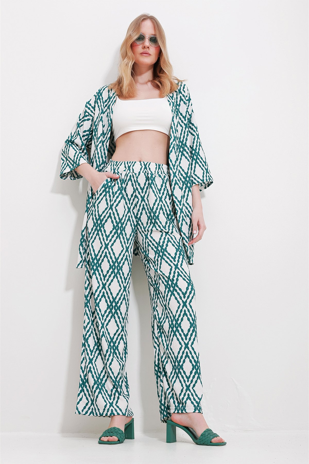 Desenli Kimono Ceket Ve Palazzo Pantolon Takım - Yeşil