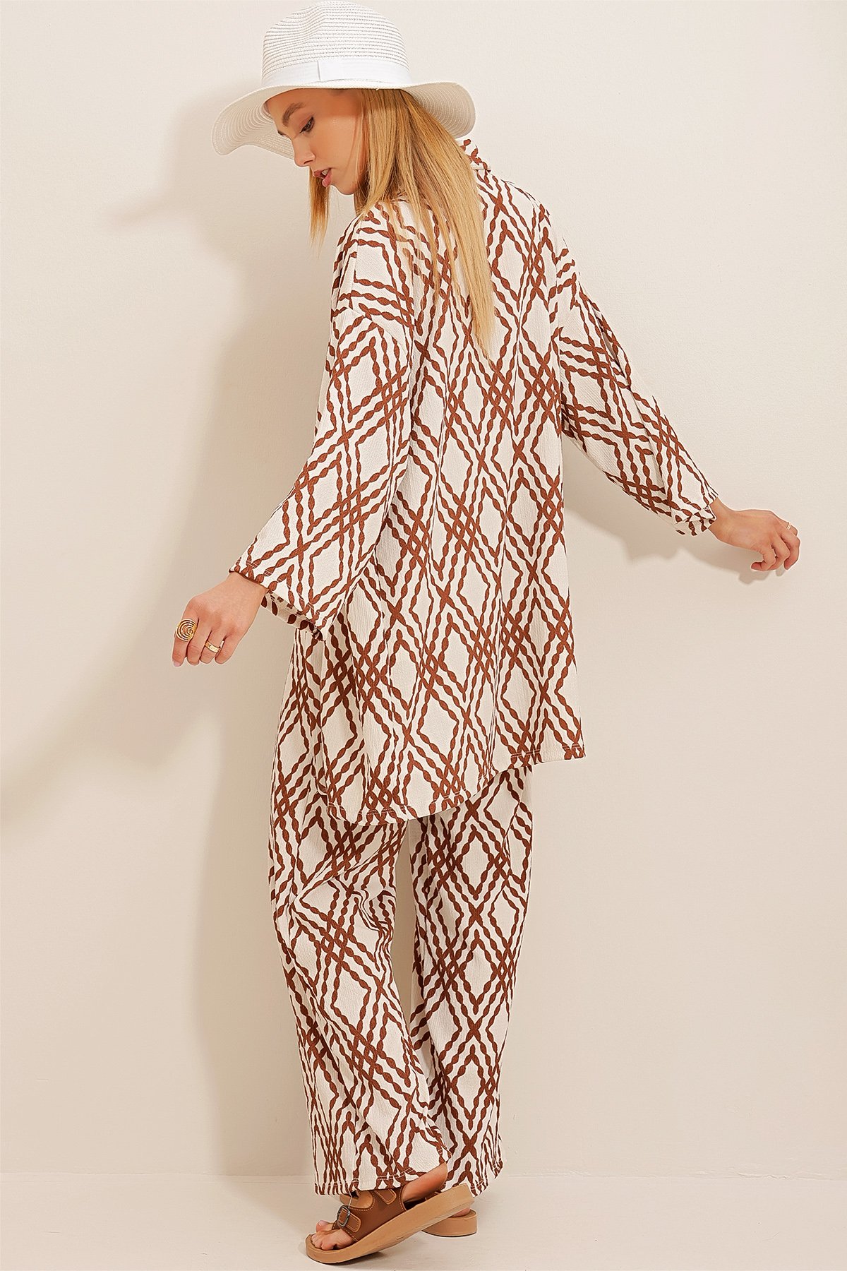 Desenli Kimono Ceket Ve Palazzo Pantolon Takım - Kahve