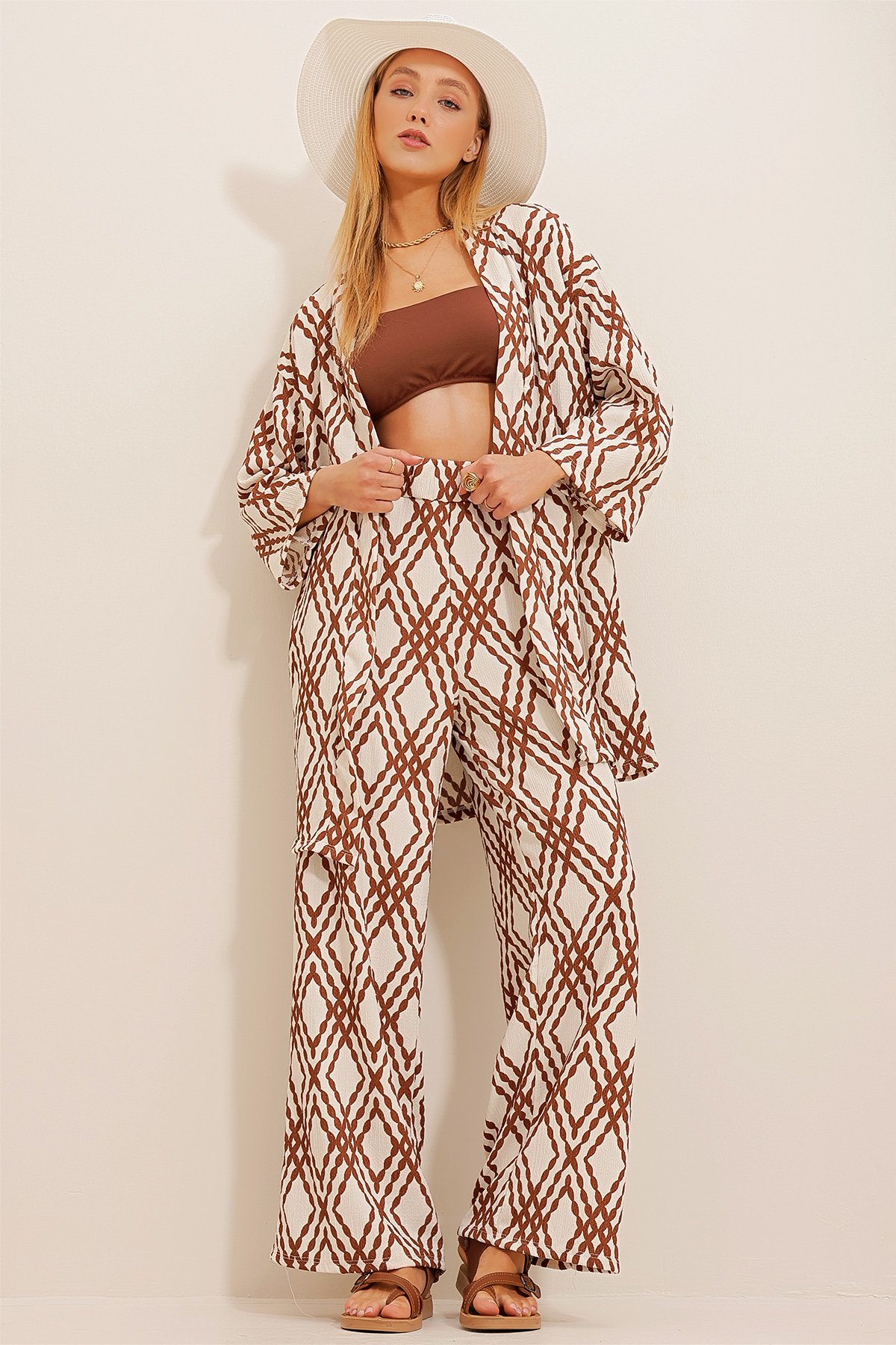 Desenli Kimono Ceket Ve Palazzo Pantolon Takım - Kahve