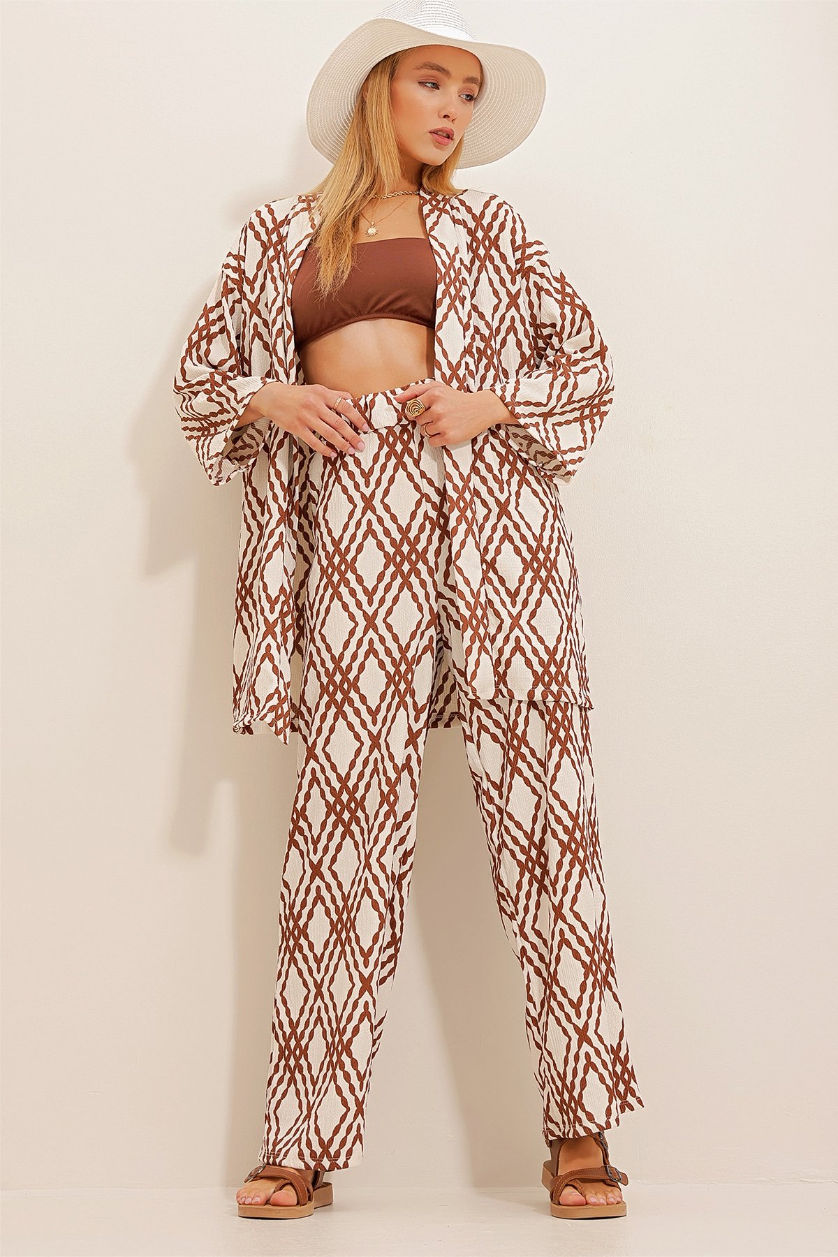 Desenli Kimono Ceket Ve Palazzo Pantolon Takım - Kahve