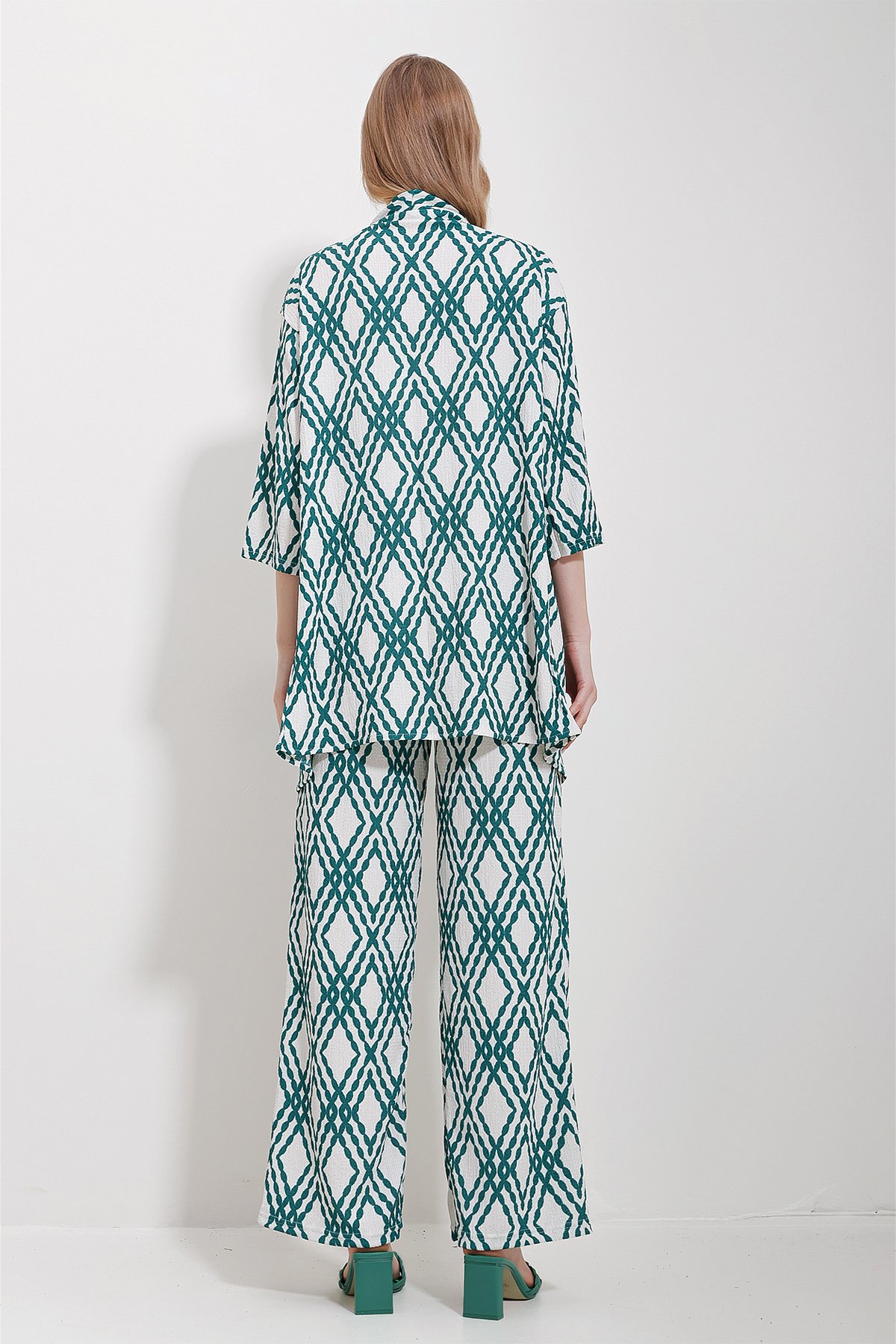 Desenli Kimono Ceket Ve Palazzo Pantolon Takım - Yeşil