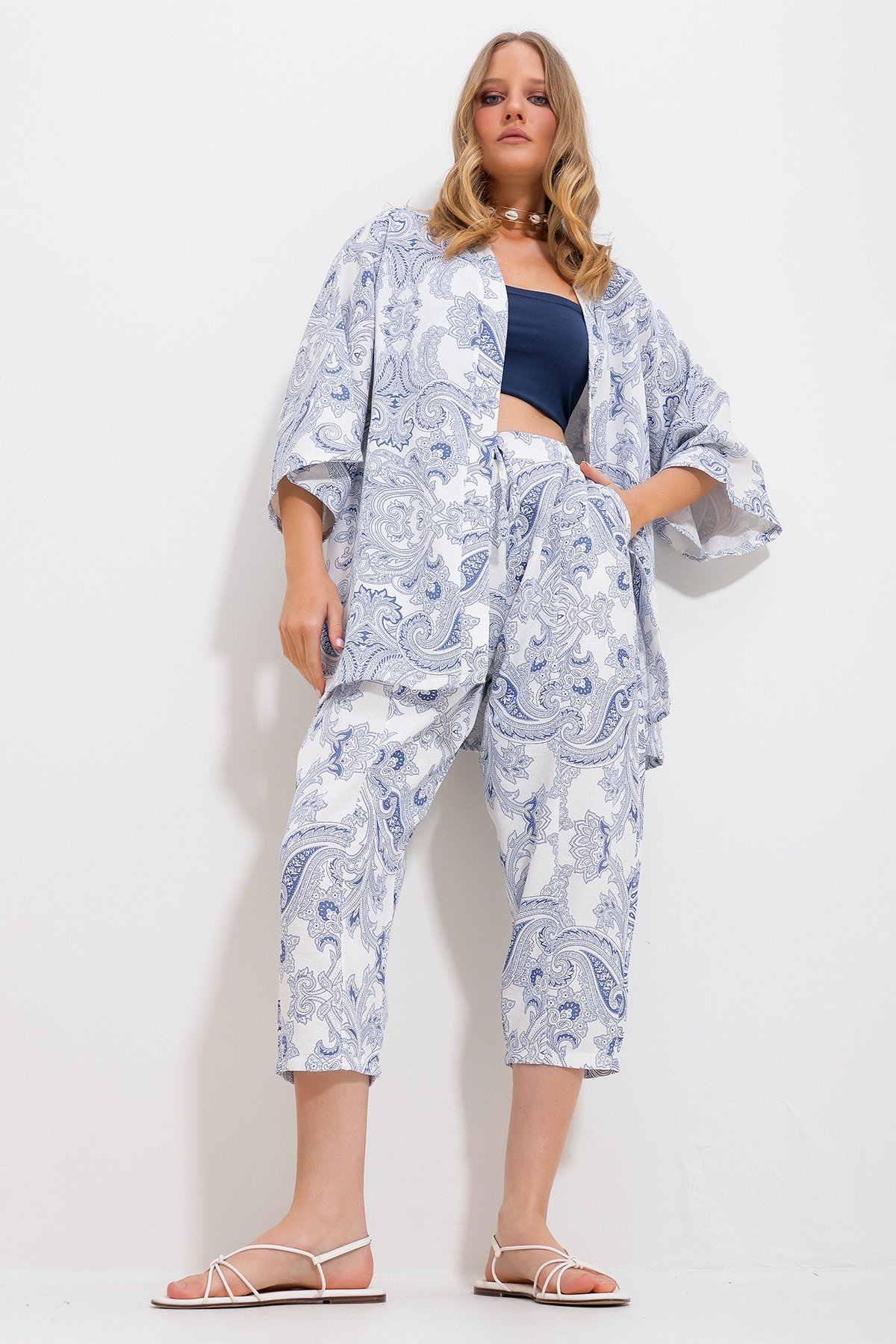 Desenli Kimono Ceket Ve Pantolonlu Keten Dokuma Alt Üst Takım - İNDİGO