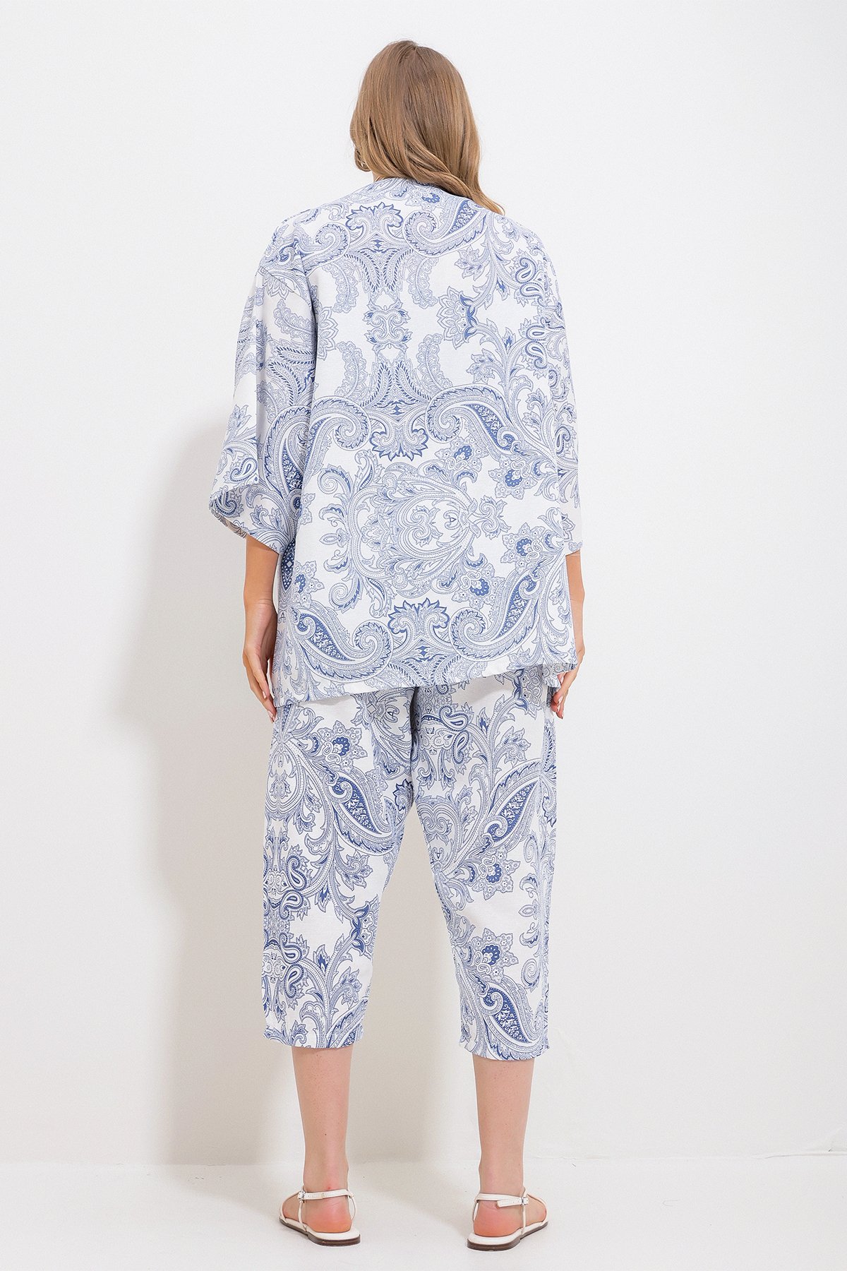 Desenli Kimono Ceket Ve Pantolonlu Keten Dokuma Alt Üst Takım - İNDİGO