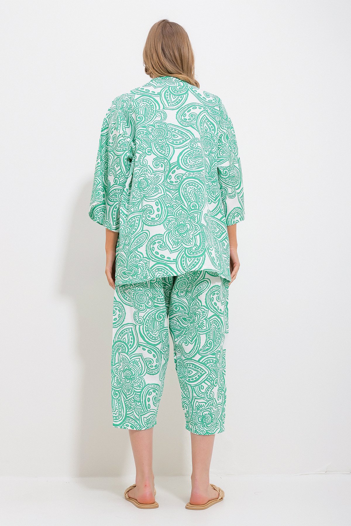Desenli Kimono Ceket Ve Pantolonlu Keten Dokuma Alt Üst Takım - YEŞİL