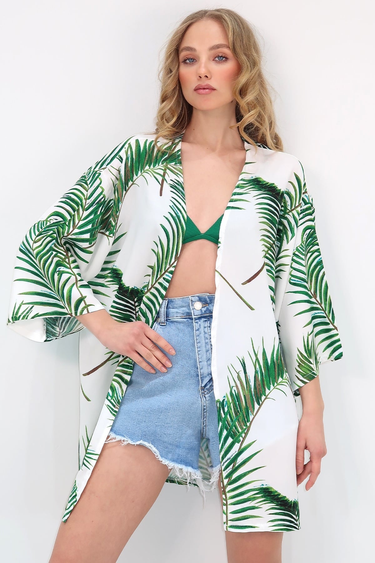 Desenli Kimono Ceket - Yeşil