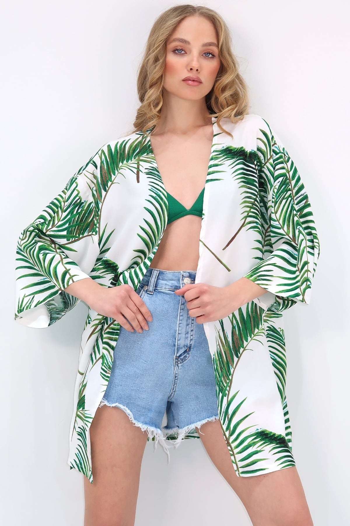 Desenli Kimono Ceket - Yeşil