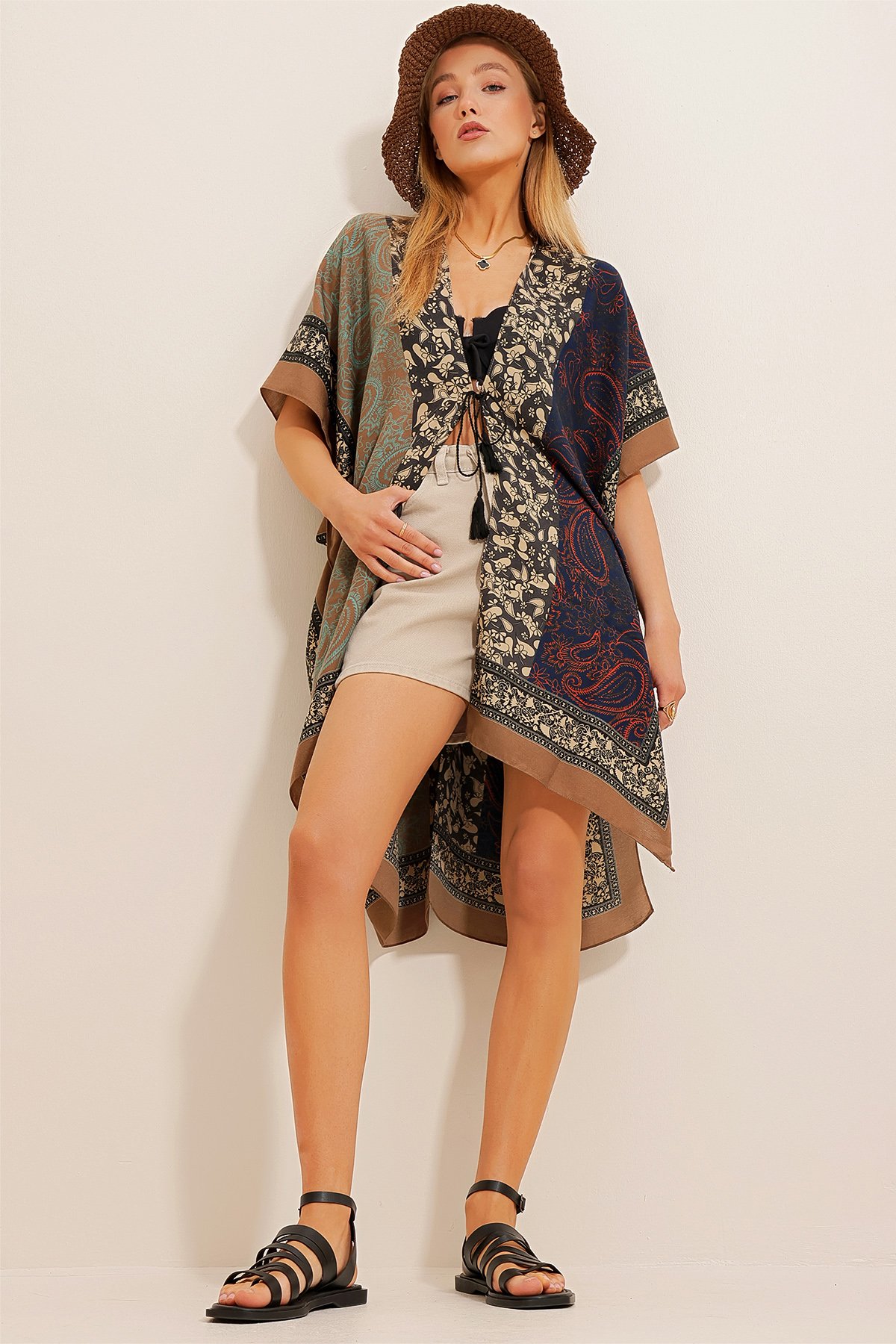 Desenli Kimono - Kahverengi