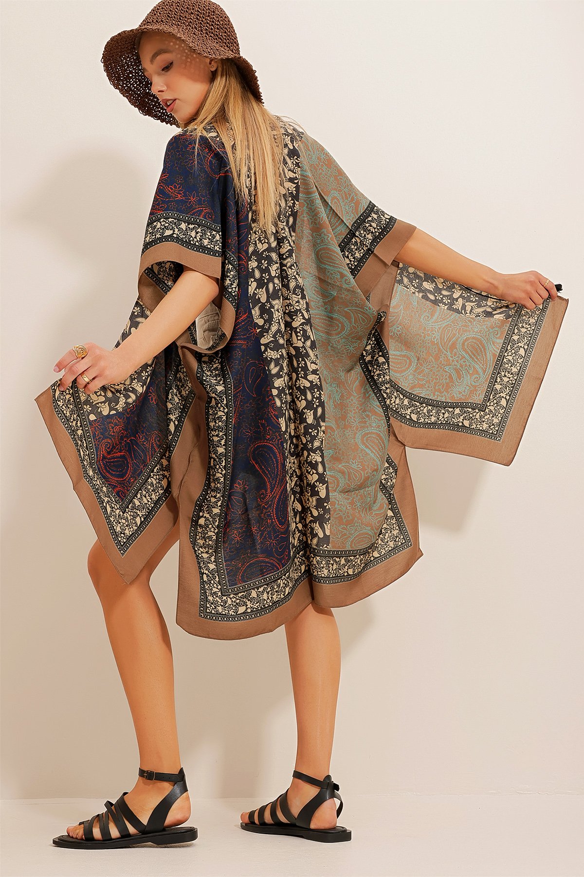 Desenli Kimono - Kahverengi