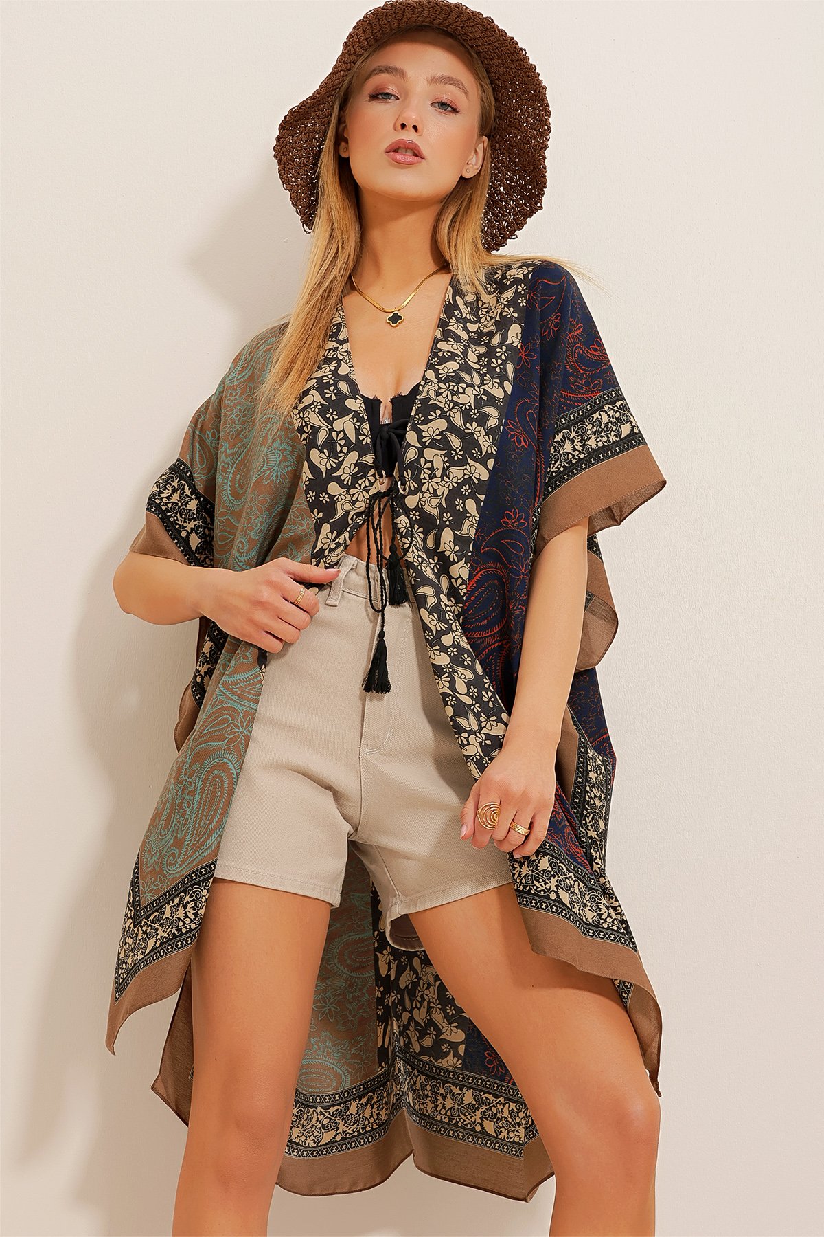 Desenli Kimono - Kahverengi
