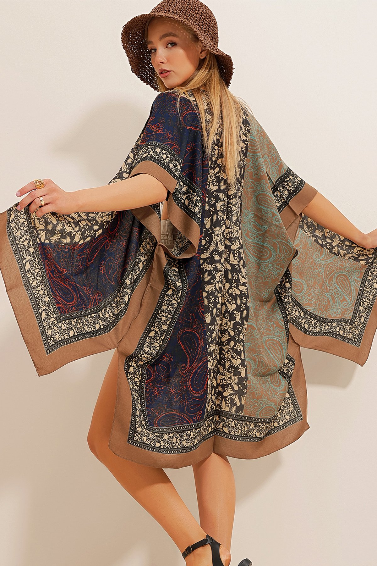Desenli Kimono - Kahverengi