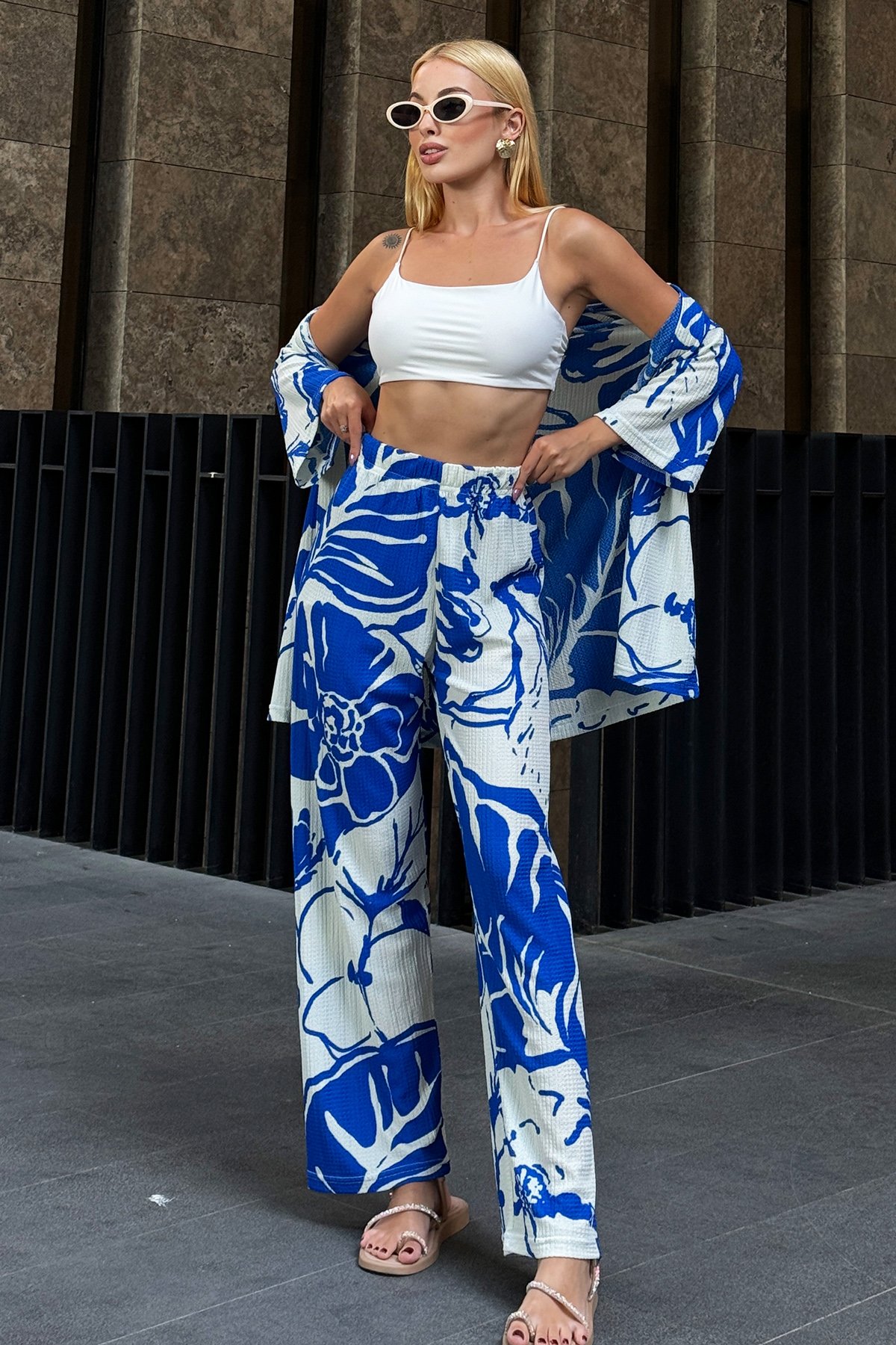Desenli Kimono Takım - Saks