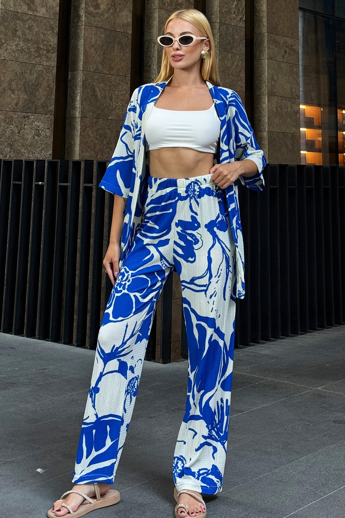 Desenli Kimono Takım - Saks