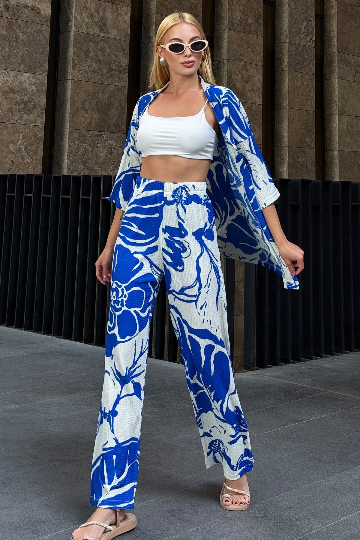 Desenli Kimono Takım - Saks