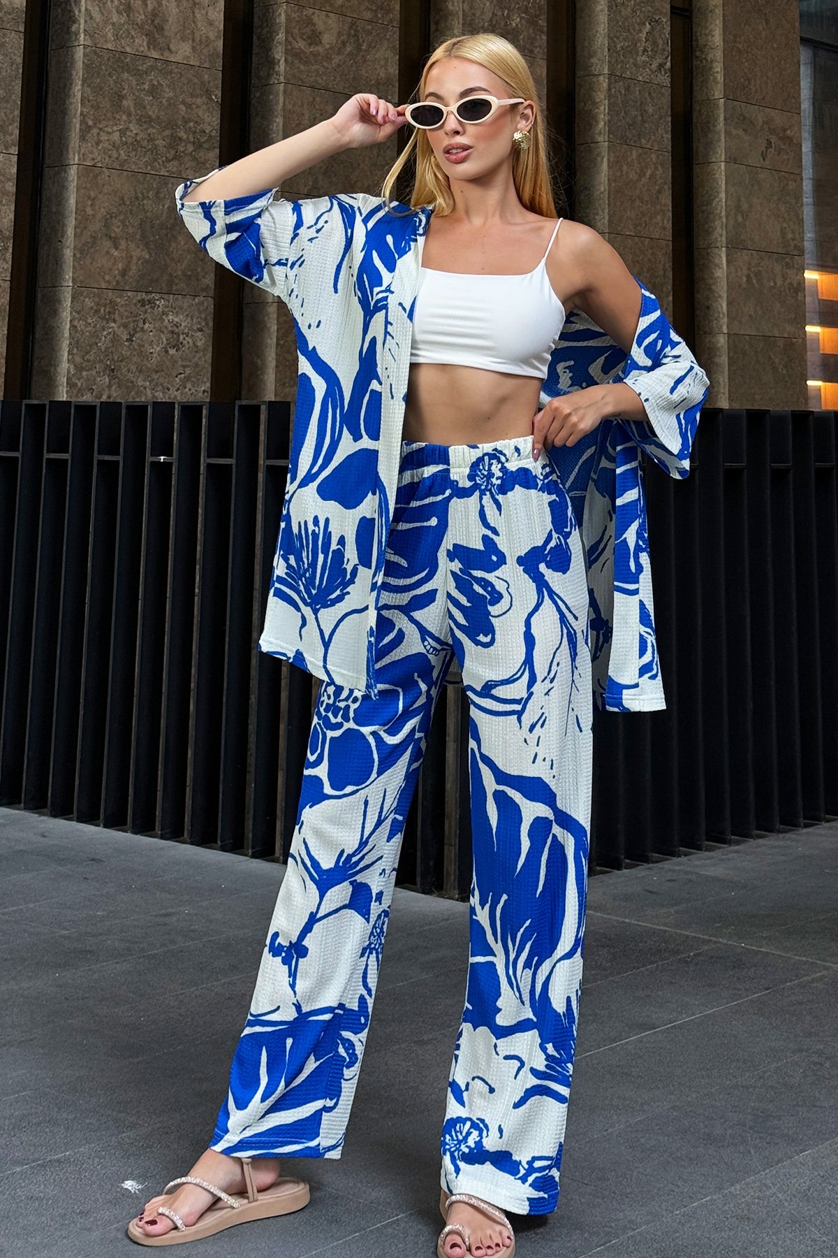 Desenli Kimono Takım - Saks