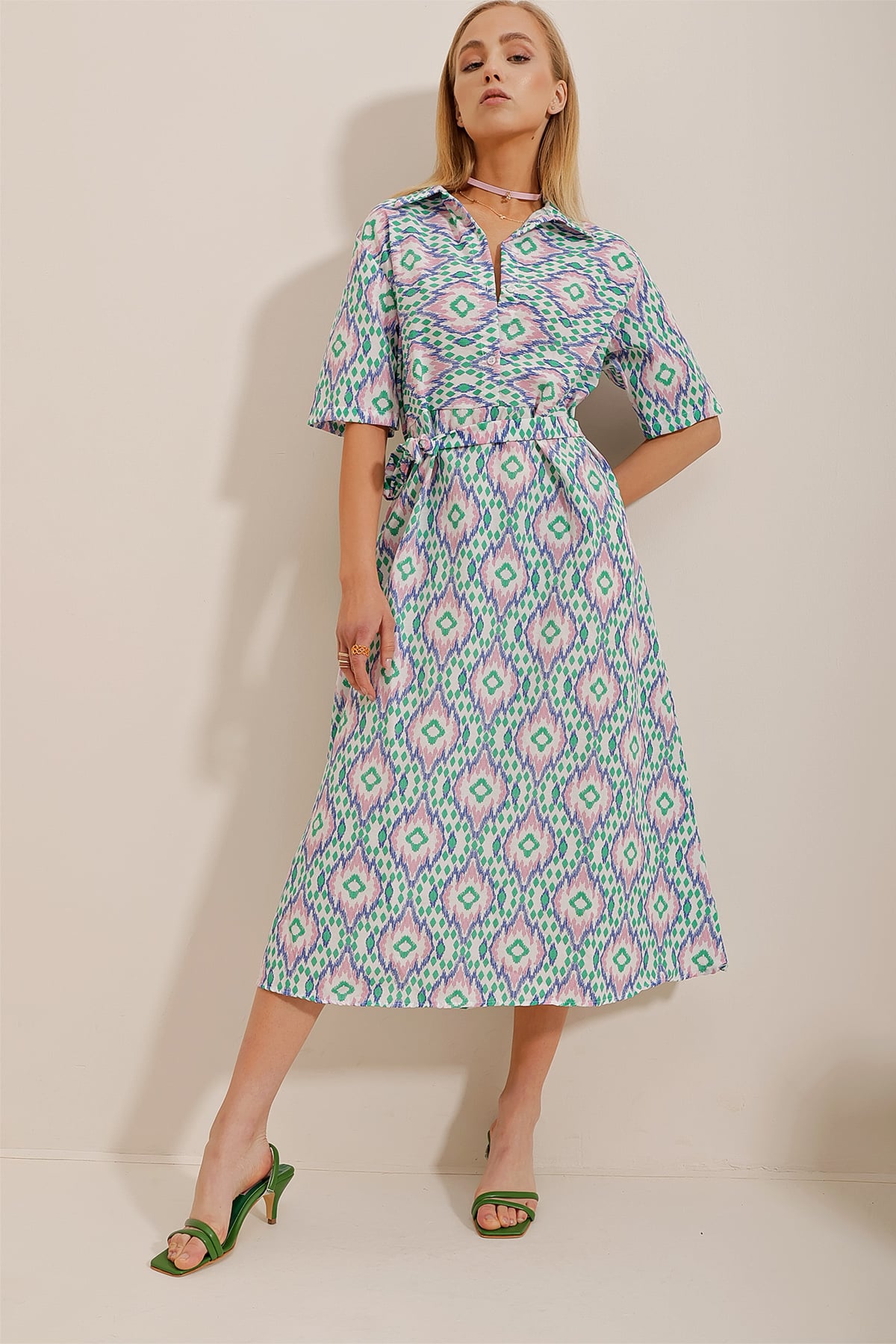 Desenli Poplin Gömlek Elbise - Saks-Pembe