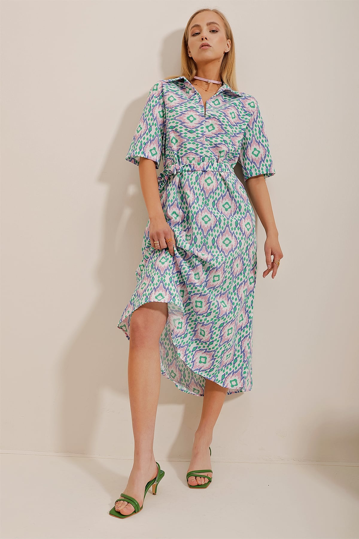 Desenli Poplin Gömlek Elbise - Saks-Pembe
