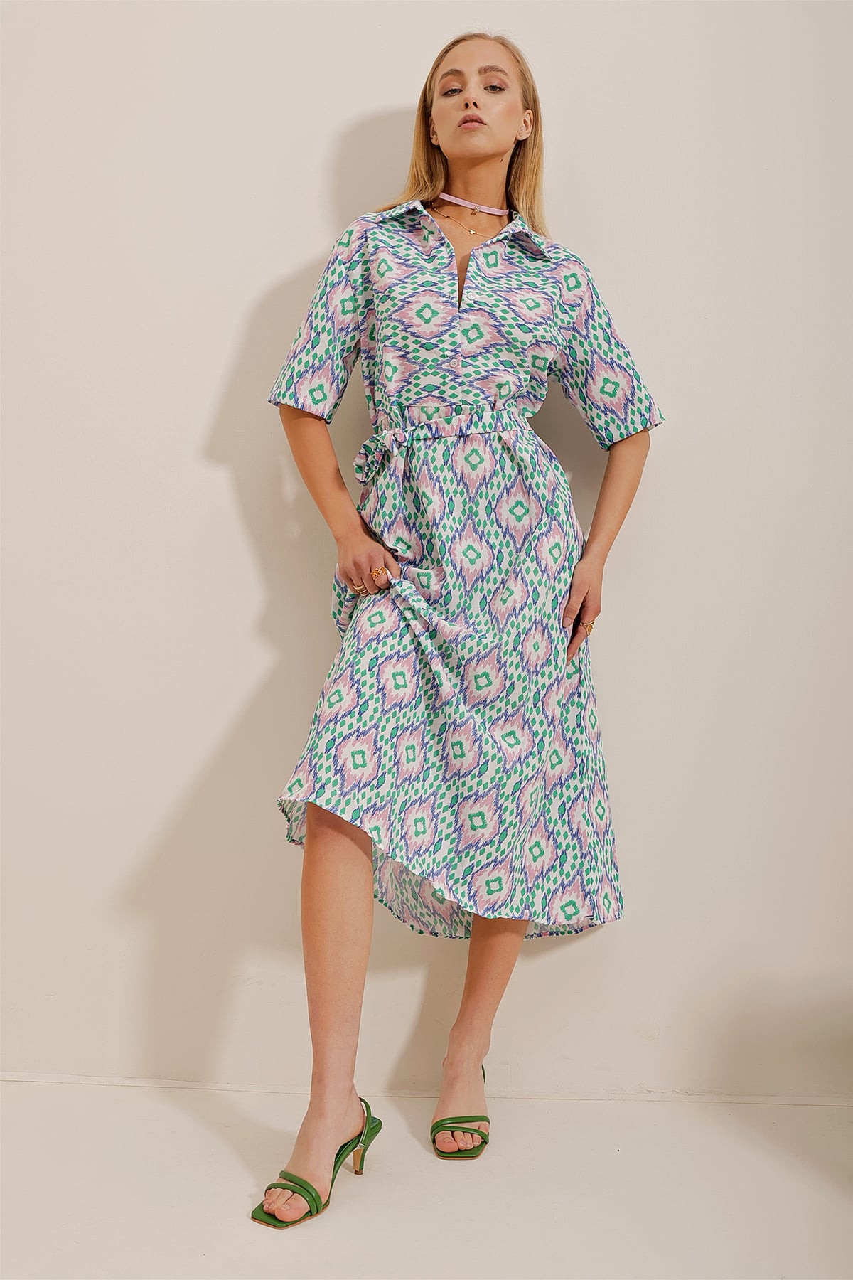 Desenli Poplin Gömlek Elbise - Saks-Pembe