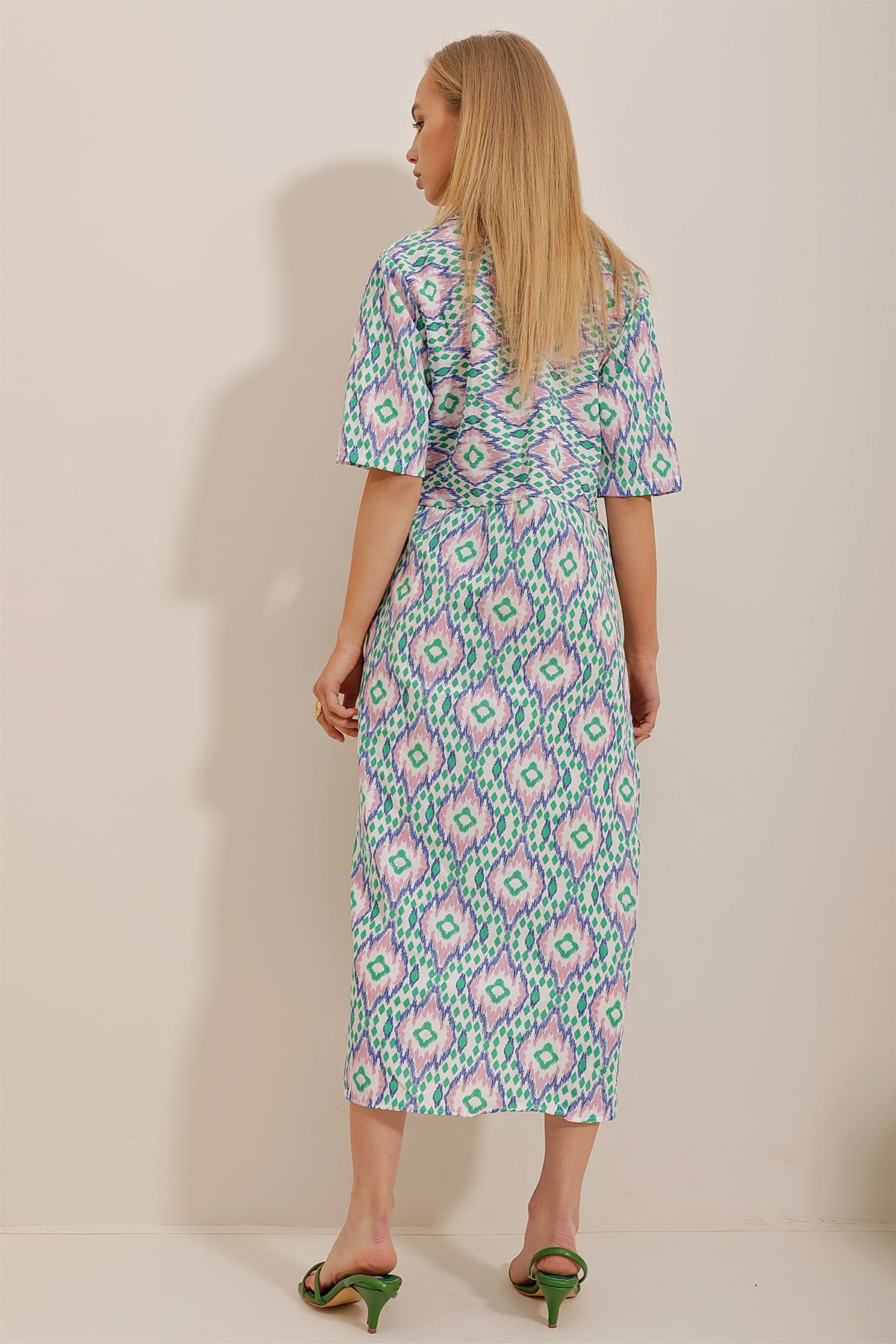 Desenli Poplin Gömlek Elbise - Saks-Pembe