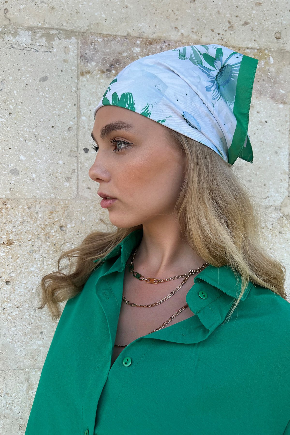 Desenli Saç Aksesuarı Bandana - Yeşil