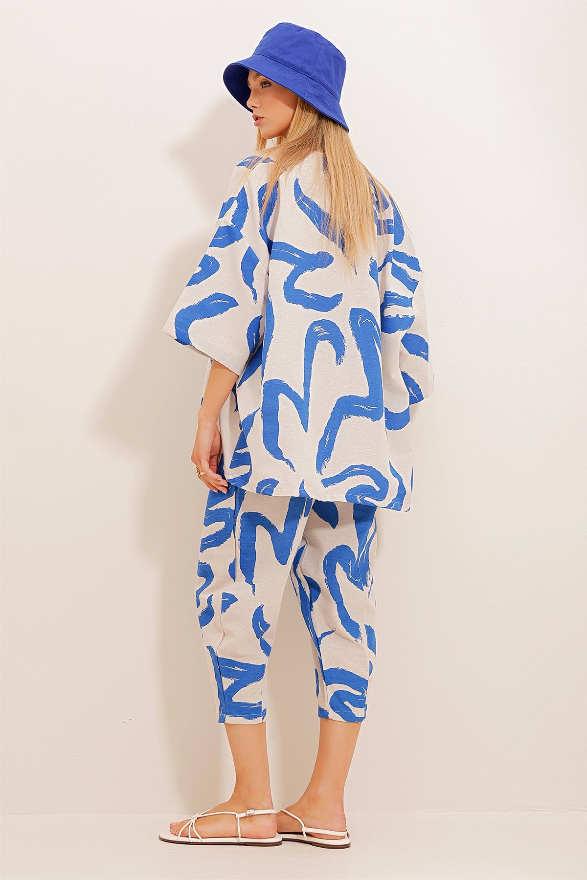 Desenli Şalvar Pantolon Ve Kimono Takım - Saks