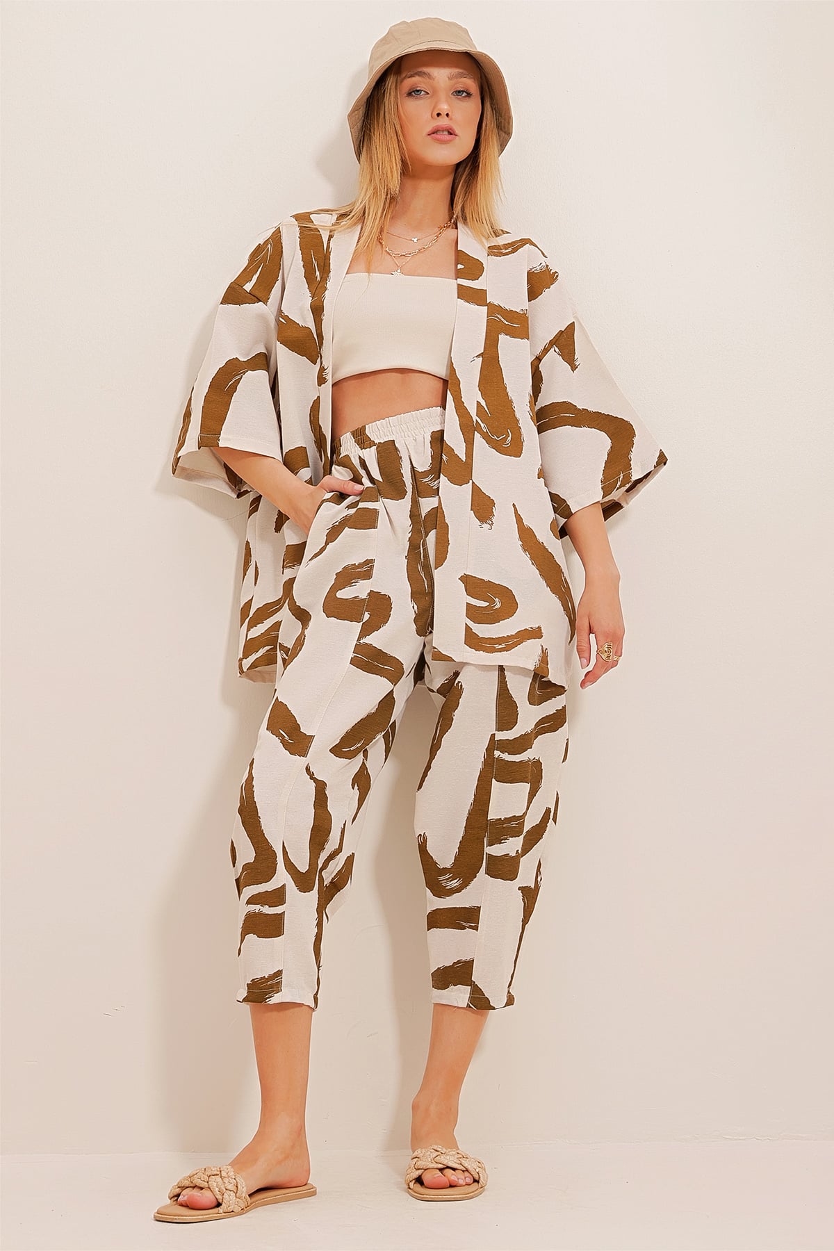 Desenli Şalvar Pantolon Ve Kimono Takım - Tütün