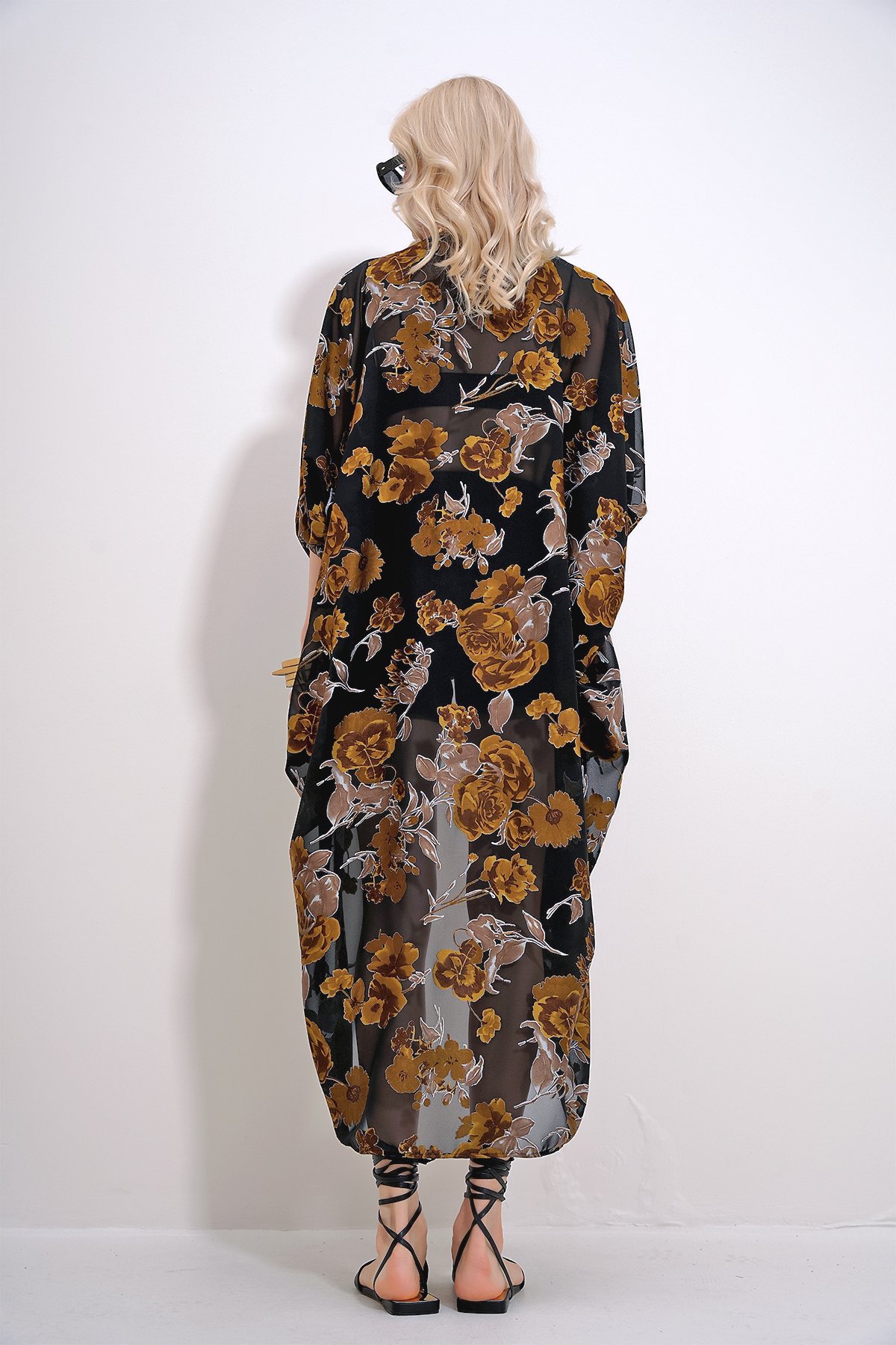 Desenli Şifon Kimono - SİYAH