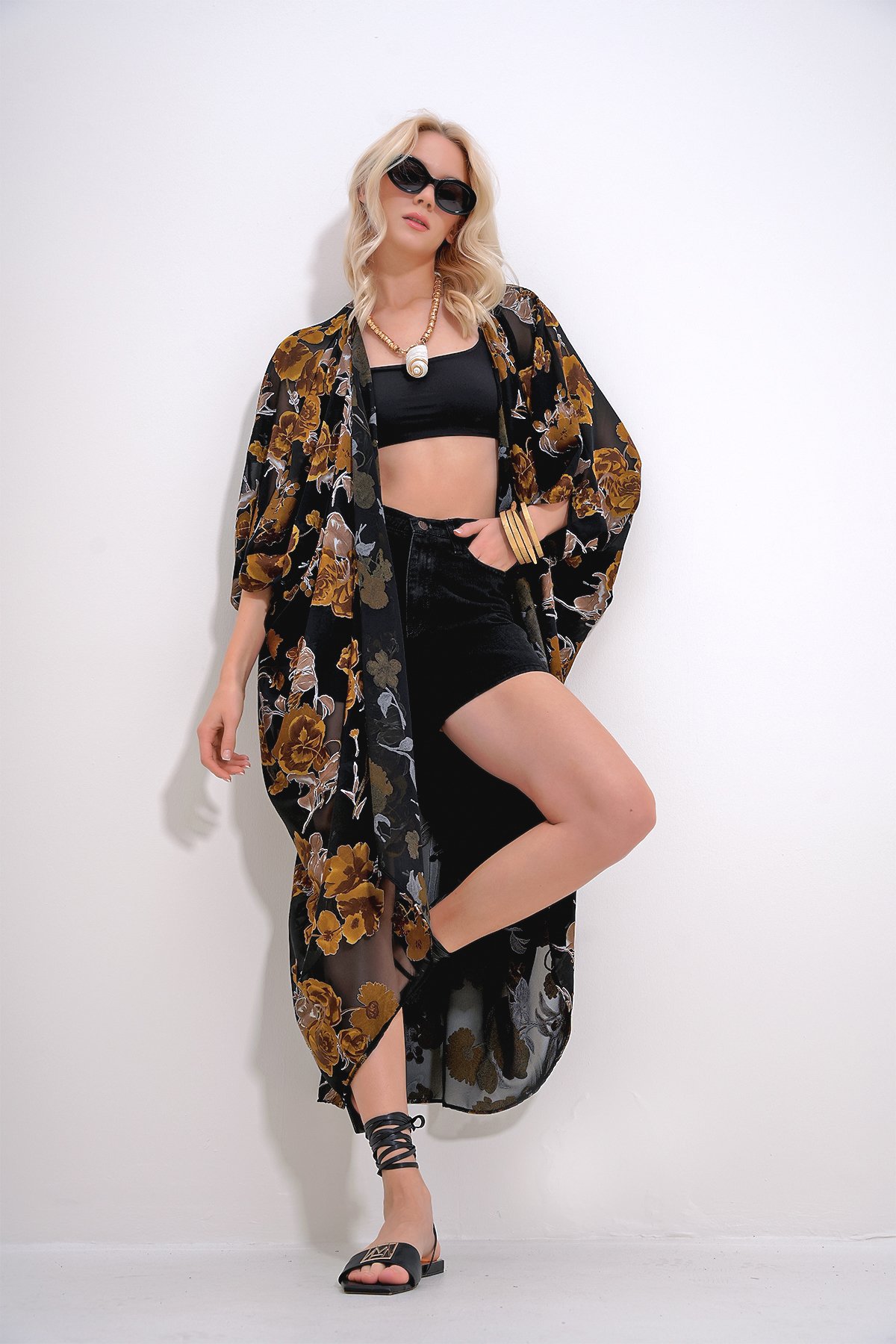 Desenli Şifon Kimono - SİYAH