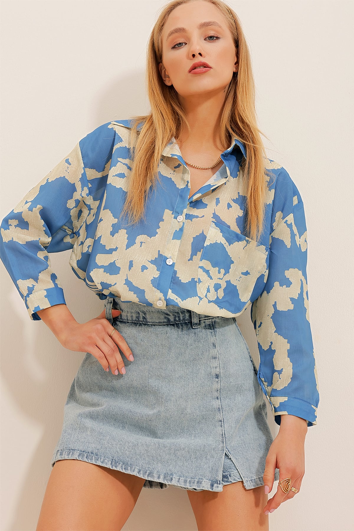 Desenli Tek Cepli Oversize Poplin Gömlek - Mavi