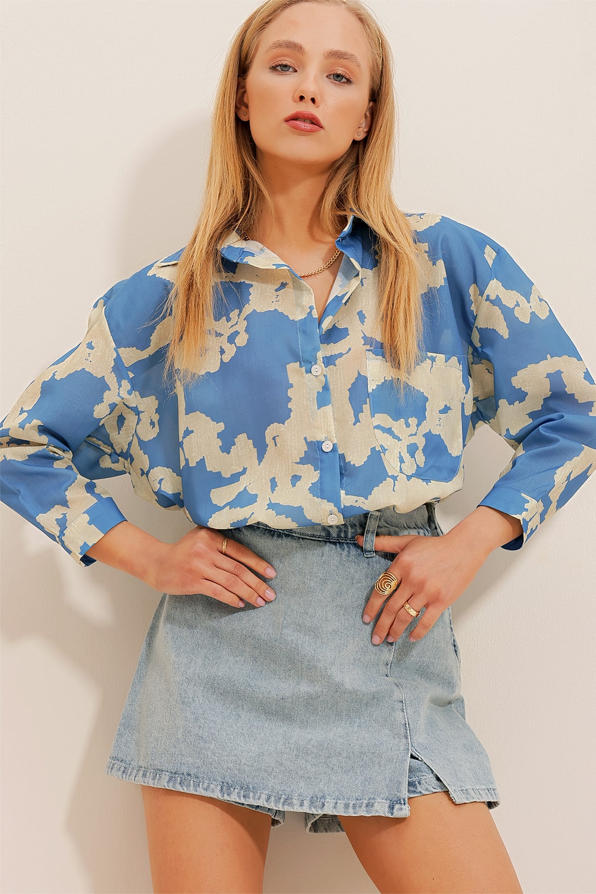 Desenli Tek Cepli Oversize Poplin Gömlek - Mavi