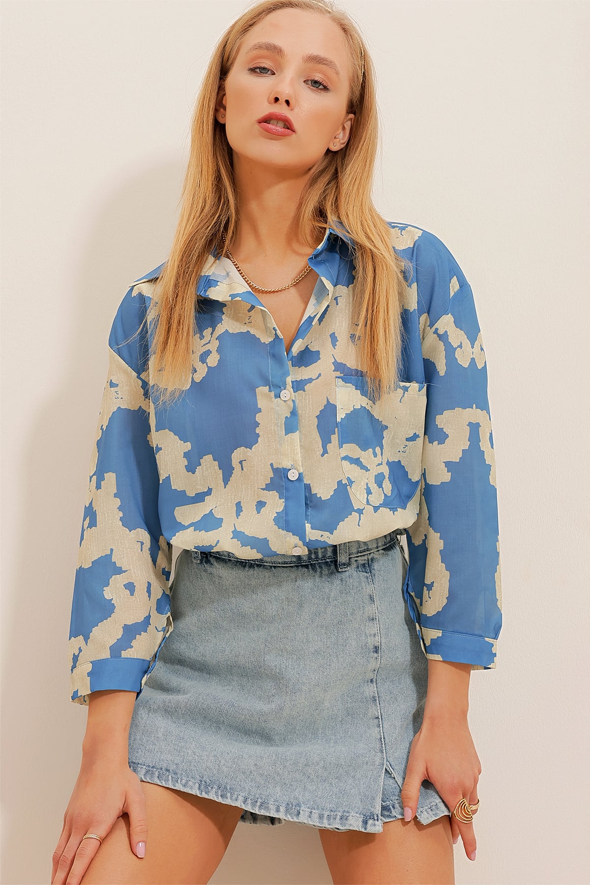 Desenli Tek Cepli Oversize Poplin Gömlek - Mavi