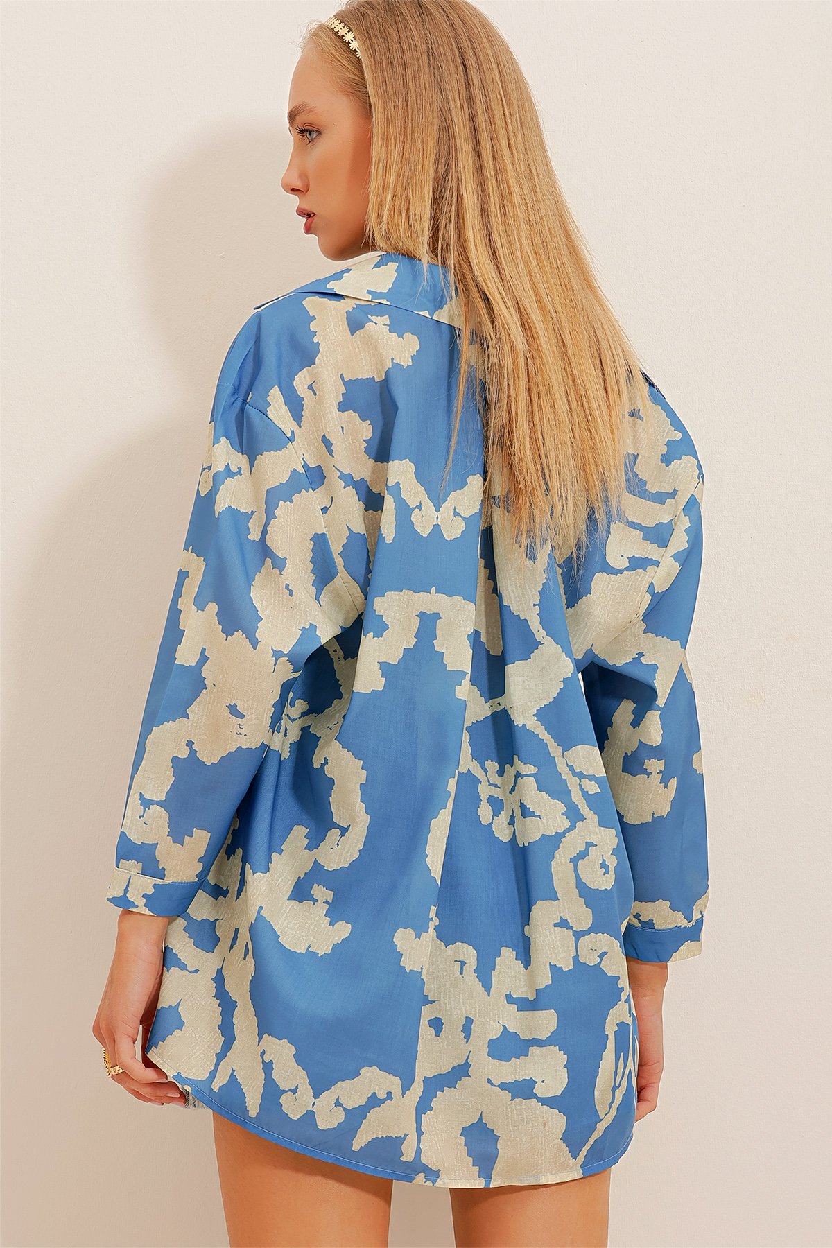 Desenli Tek Cepli Oversize Poplin Gömlek - Mavi